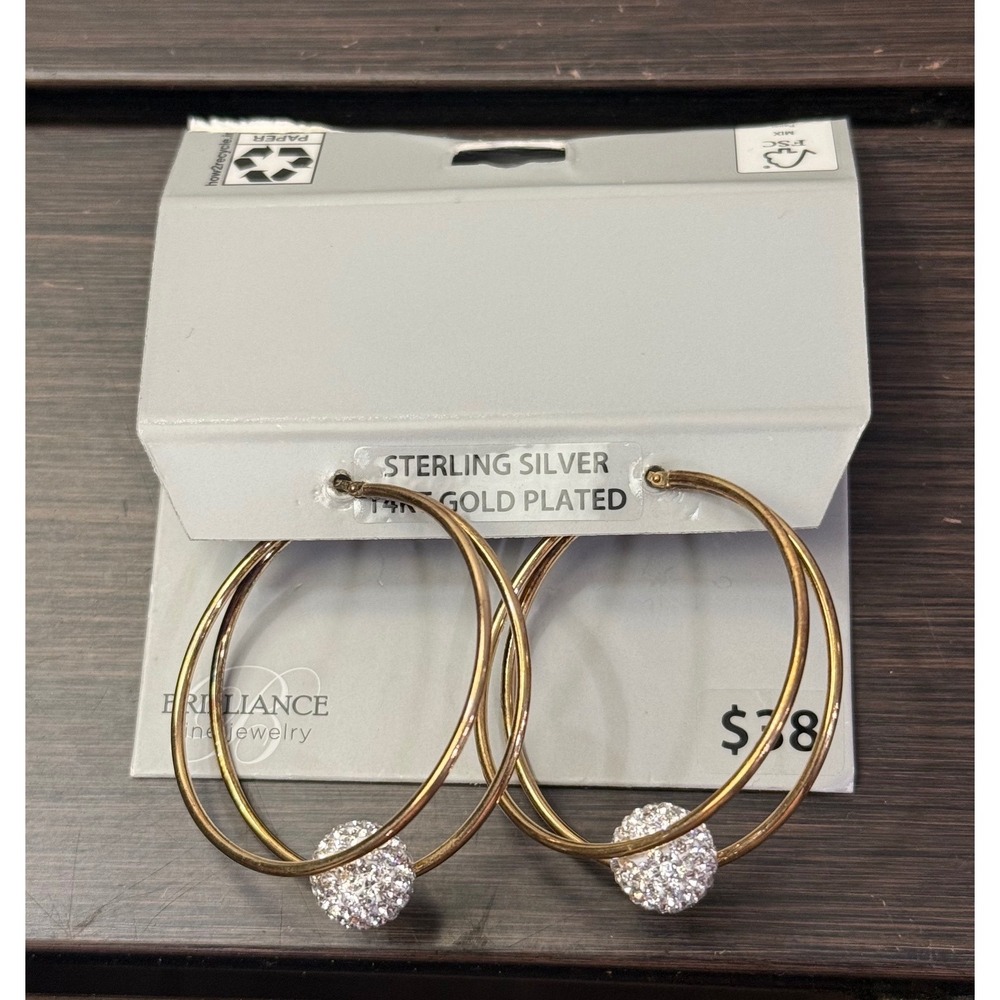 Brilliance‎ Fine Jewelry 14K Gold Plated Sterling 925 2-Row Crystal Hoop Earring